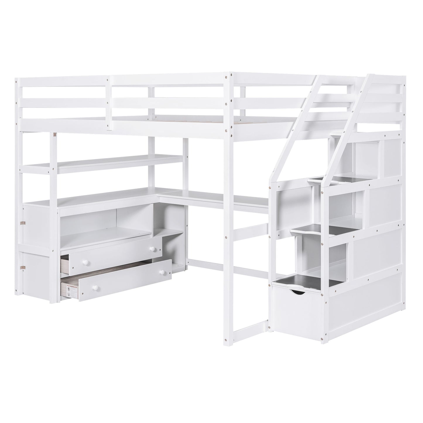 Loft Bed With Desk, Shelves, 2 Drawers, Storage Staircase