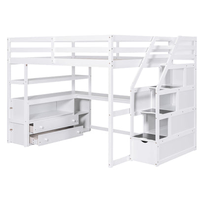 Loft Bed With Desk, Shelves, 2 Drawers, Storage Staircase
