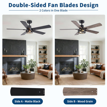 Ceiling Fan With Light, Dual‑Sided Matte Black & Wood Grain Blades - Black