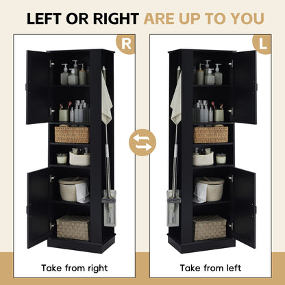 Tall Freestanding Bathroom Storage Cabinet With Adjustable Shelves And Side Hooks Board, Rectangle Design