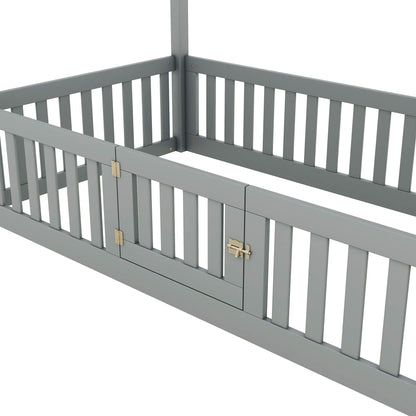 Wood House Bed With Fence And Door