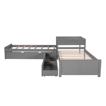 L Shaped Platform Bed With Trundle And Drawers Linked With Built In Desk