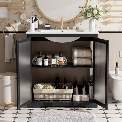 Modern Bathroom Vanity With Ceramic Sink, Tempered Blurred Glass Doors
