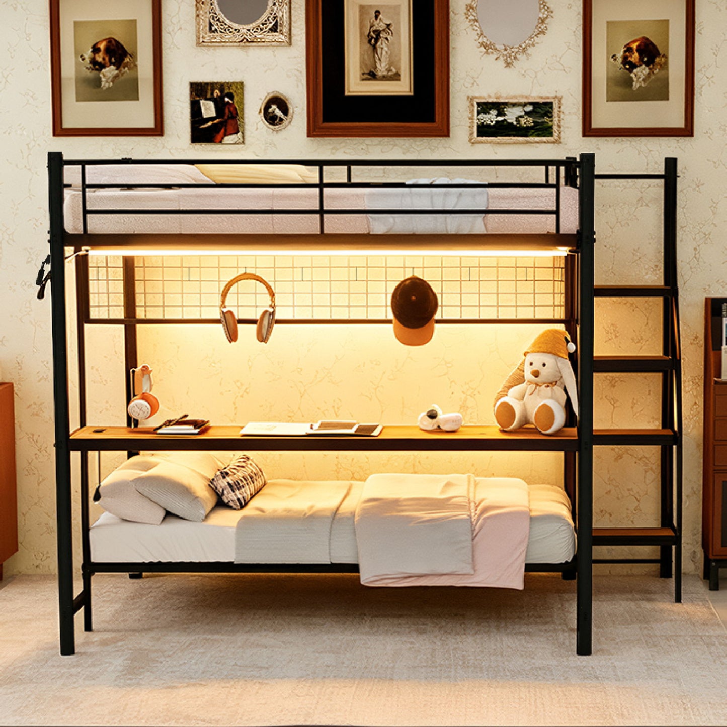 Bunk Bed With Built In Desk And LED Lighting