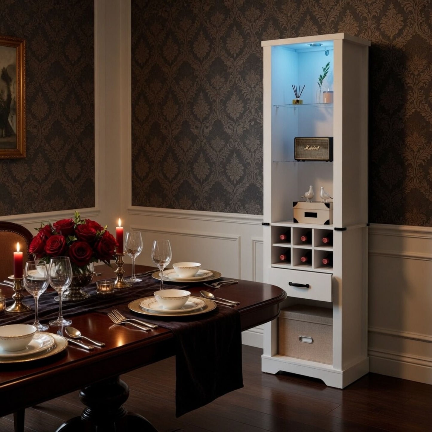 Pantry Cabinet With LED Lights, Wine Rack, Tempered Glass Shelves, And Barn Door Design - White