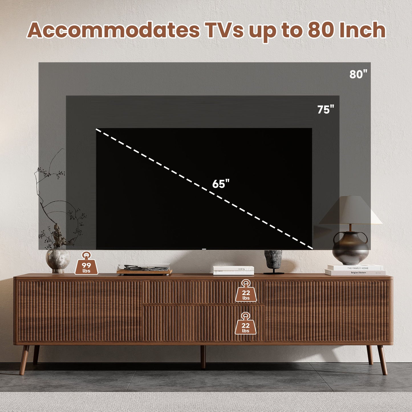 Fluted TV Stand With Storage Drawers And Cabinets For TVs Up To 80", Soft-Close Hinges, Cable Management - Walnut