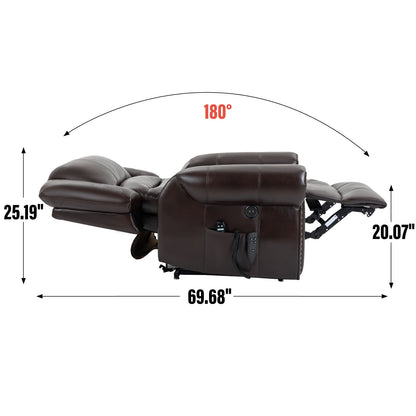 Power Lift Recliner Chair Heat Massage Dual Motor Infinite Position With USB Ports - Antique Brown