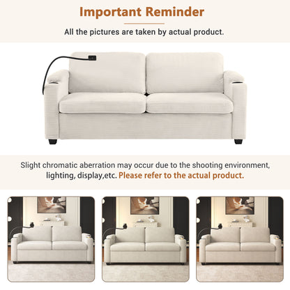 Sleeper Sofa Loveseat Sofa With Full Size Mattress, 2 USB Ports, 2 Cup Holders, 2 Side Pockets And Phone Holder