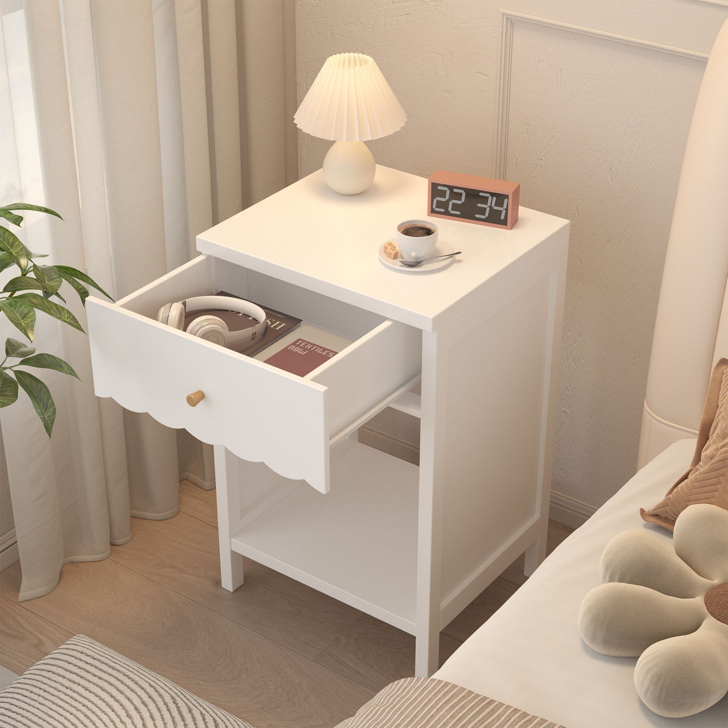Nightstand With Drawer And Open Shelf, Scalloped Edge Bedside Table