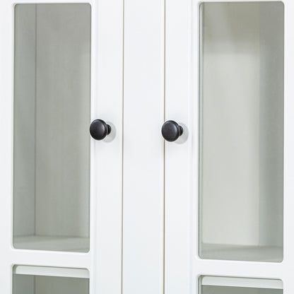 Retro Style Wall Suit With Glass Doors, 75.25" Tall Display Cabinets & Triangle Sided Bookshelves - White