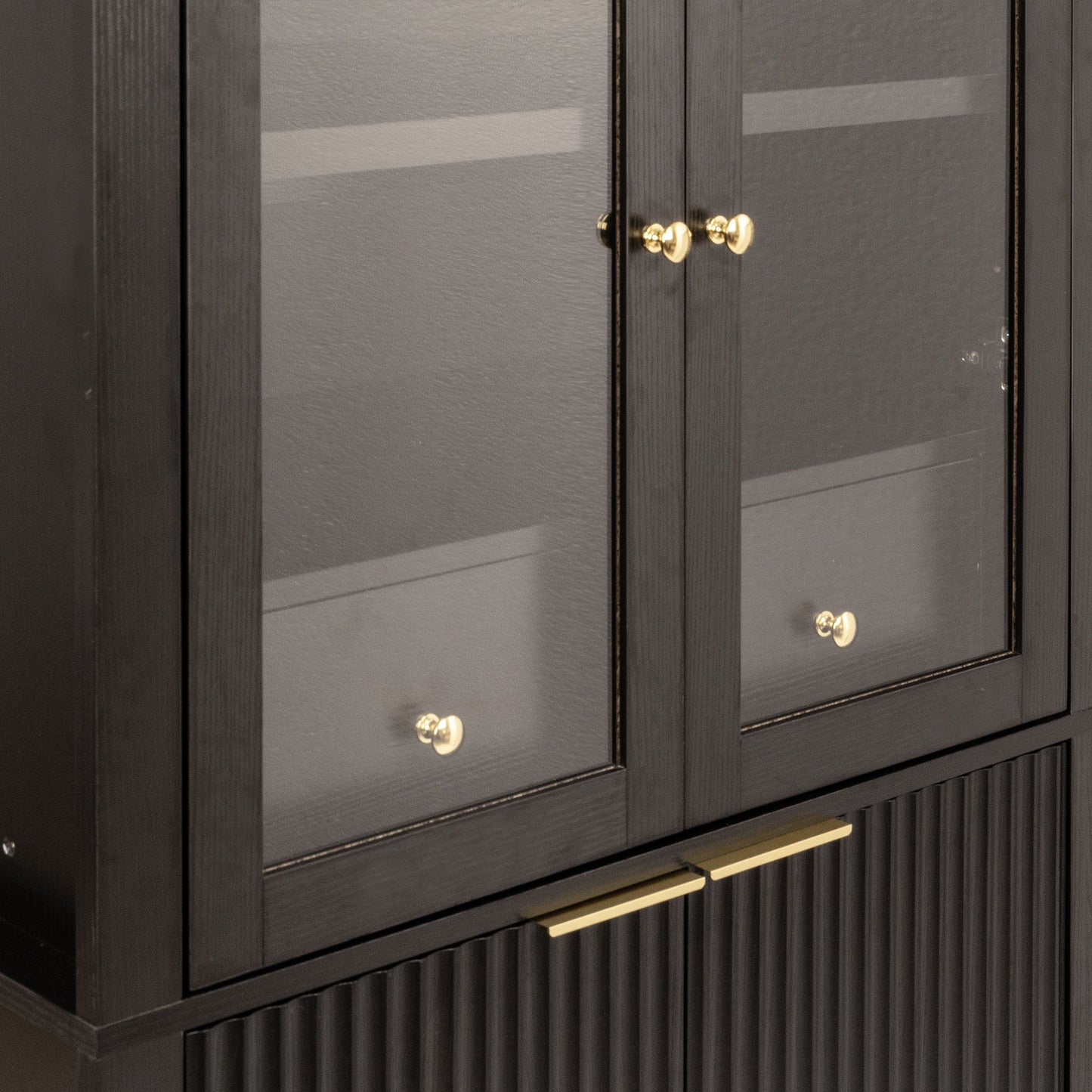 Fluted Tall Arched Pantry Cabinet With Adjustable Shelves, Glass Door & Hidden Drawer For Kitchen