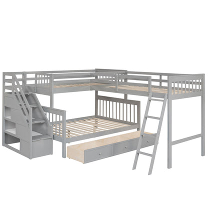 Solid L Shaped Bunk Bed With 3 Drawers, Ladder And Staircase