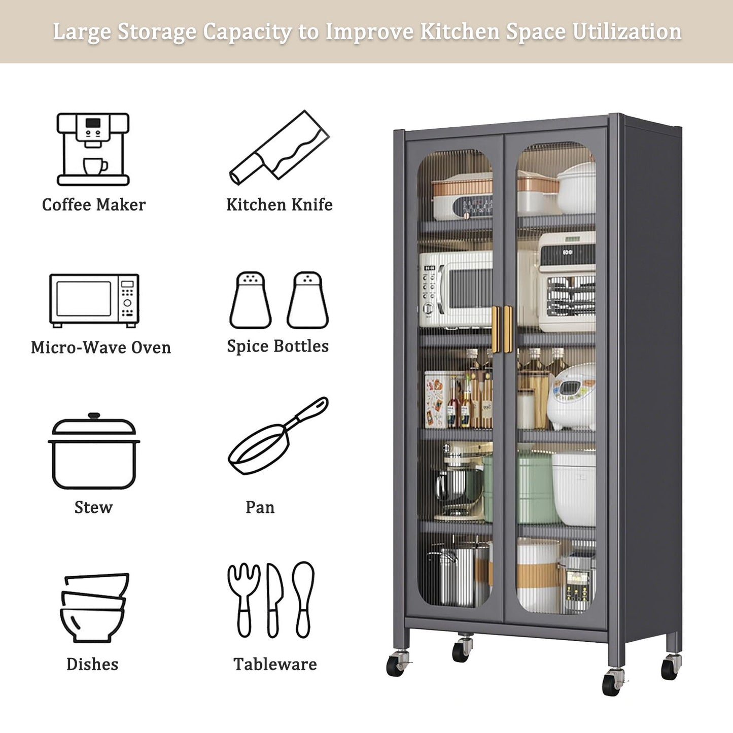 6 Tier Storage Cabinet With Transparent Door, Adjustable Shelves & Wheels