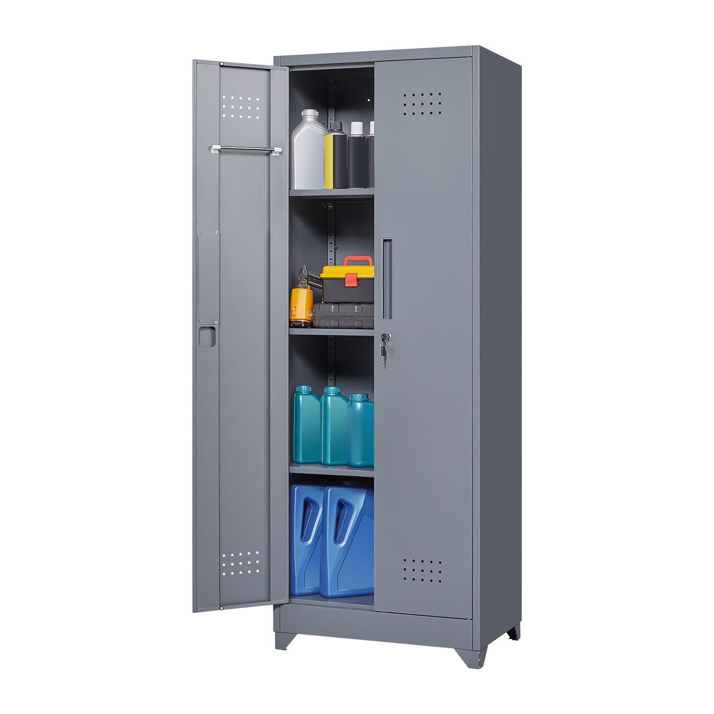 Heavy Duty Storage Cabinet With Locking Doors, Hanging Rod & Shelves, Broom Closet - Gray