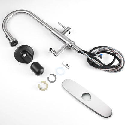 3 In 1 Kitchen Faucet With Press Type Glass Rinser, High Arc Pull Down Sprayer