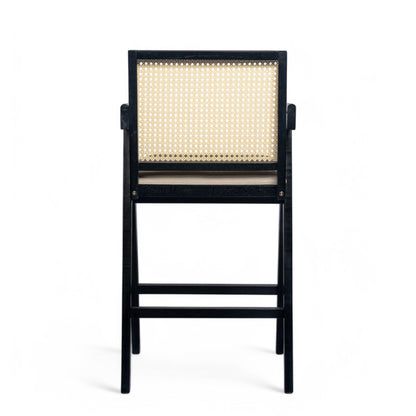 Woven Cane Plastic Backrest Bar Stool Foam Padded Fabric Seat & Durable Rubberwood Frame - Cream Gray