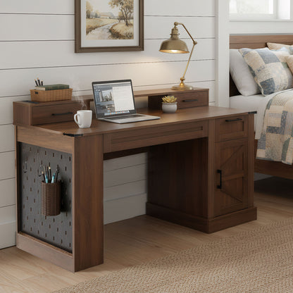 Office Desk With Storage Cabinet, Charging Station, Monitor Stand & Pegboard