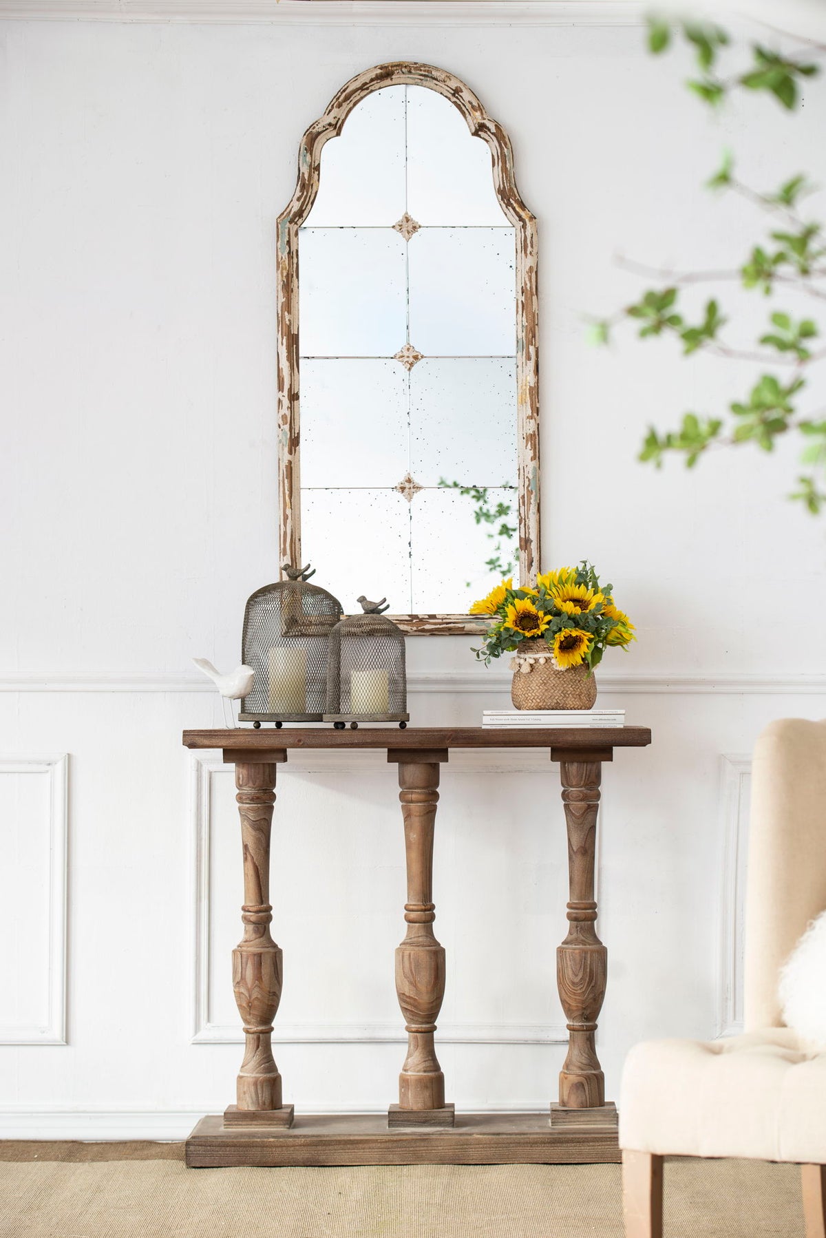 Large & Framed Wall Mirror, Arched Mirror With Decorative Window Look For Living Room - Cream