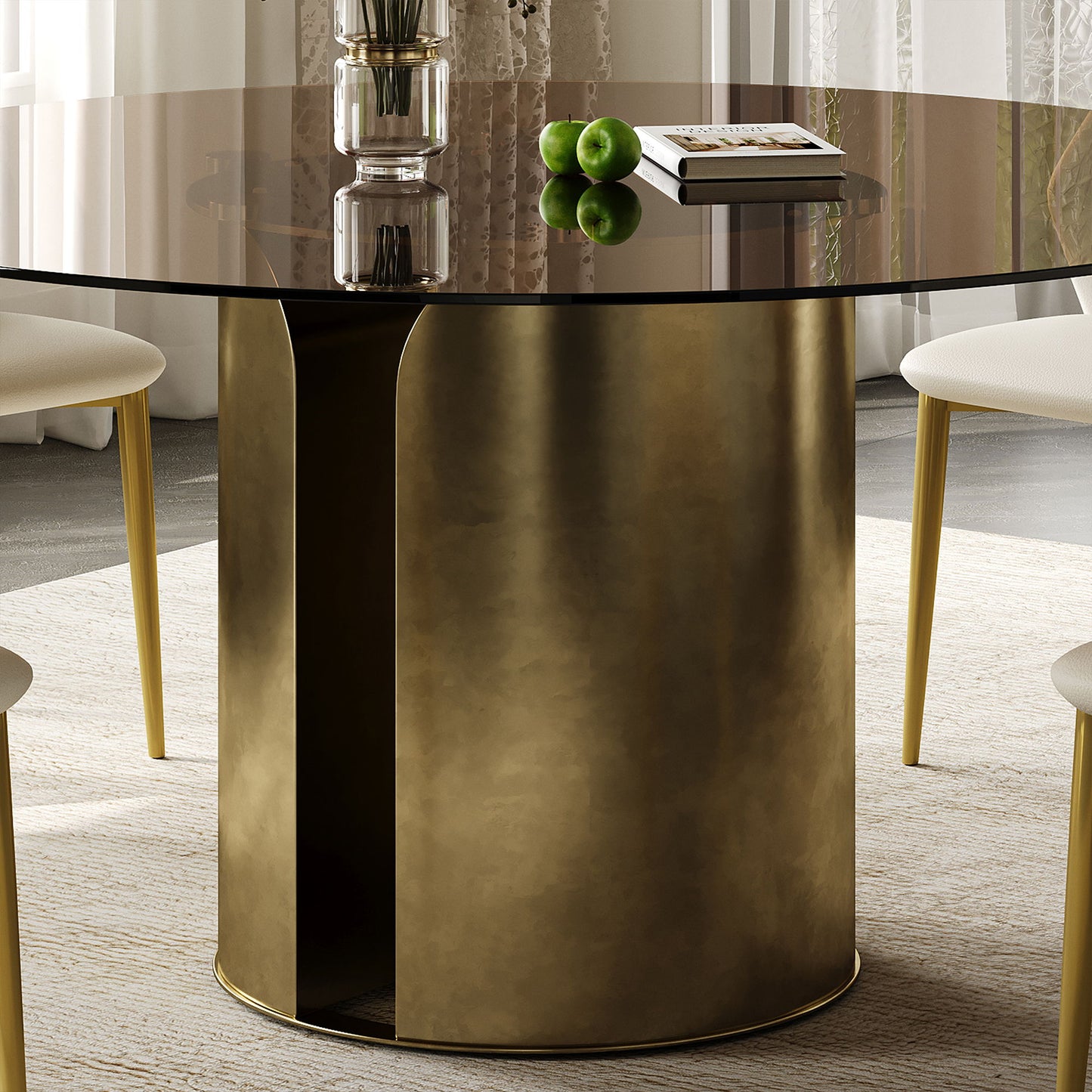 Round Dining Table With Glass Top, Kitchen And Living Room Furniture - Brown
