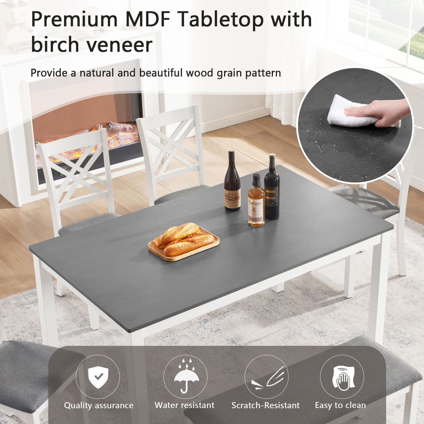 6 Piece Kitchen Dining Set, Rectangular Dining Table With 4 Upholstered Chairs And Bench - Gray / White