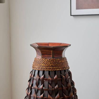 Hand Woven Bamboo Floor Vase, Decorative Accent For Living Room - Acacia Wood