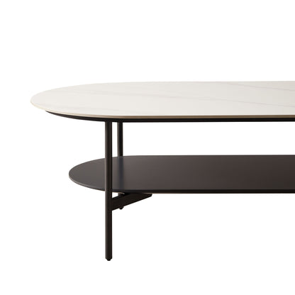 Contemporary Coffee Table Sintered Stone Surface With Ceramic Finish Double Layer Design Base Matte Shelf Modern Living Room Center Table - White / Gray