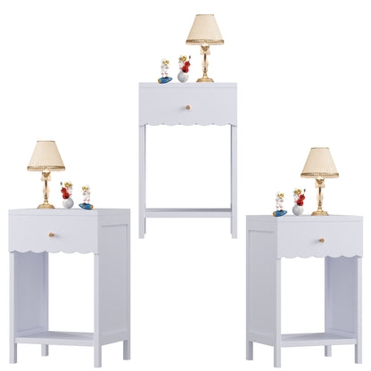 Nightstand With Drawer And Open Shelf, Scalloped Edge Bedside Table