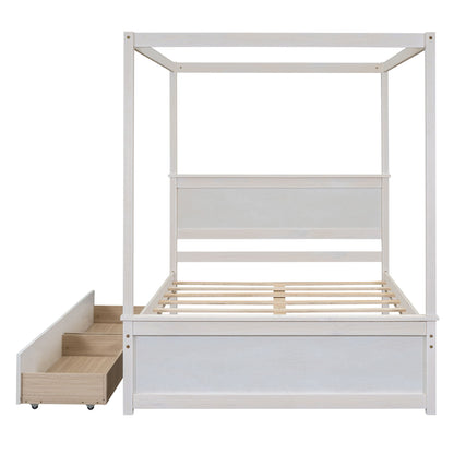 Canopy Platform Bed With Drawers, Support Slats, No Box Spring Needed
