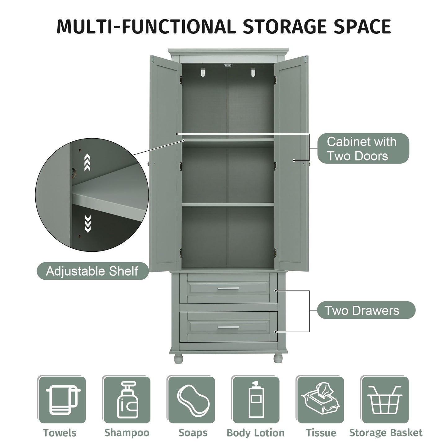Tall Storage Cabinet With 2 Drawers For Bathroom