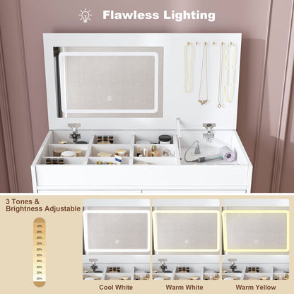 Flip Top Vanity Desk With LED Mirror & Outlet Makeup Table With 2 Drawers, Open Storage, And Jewelry Hooks - White