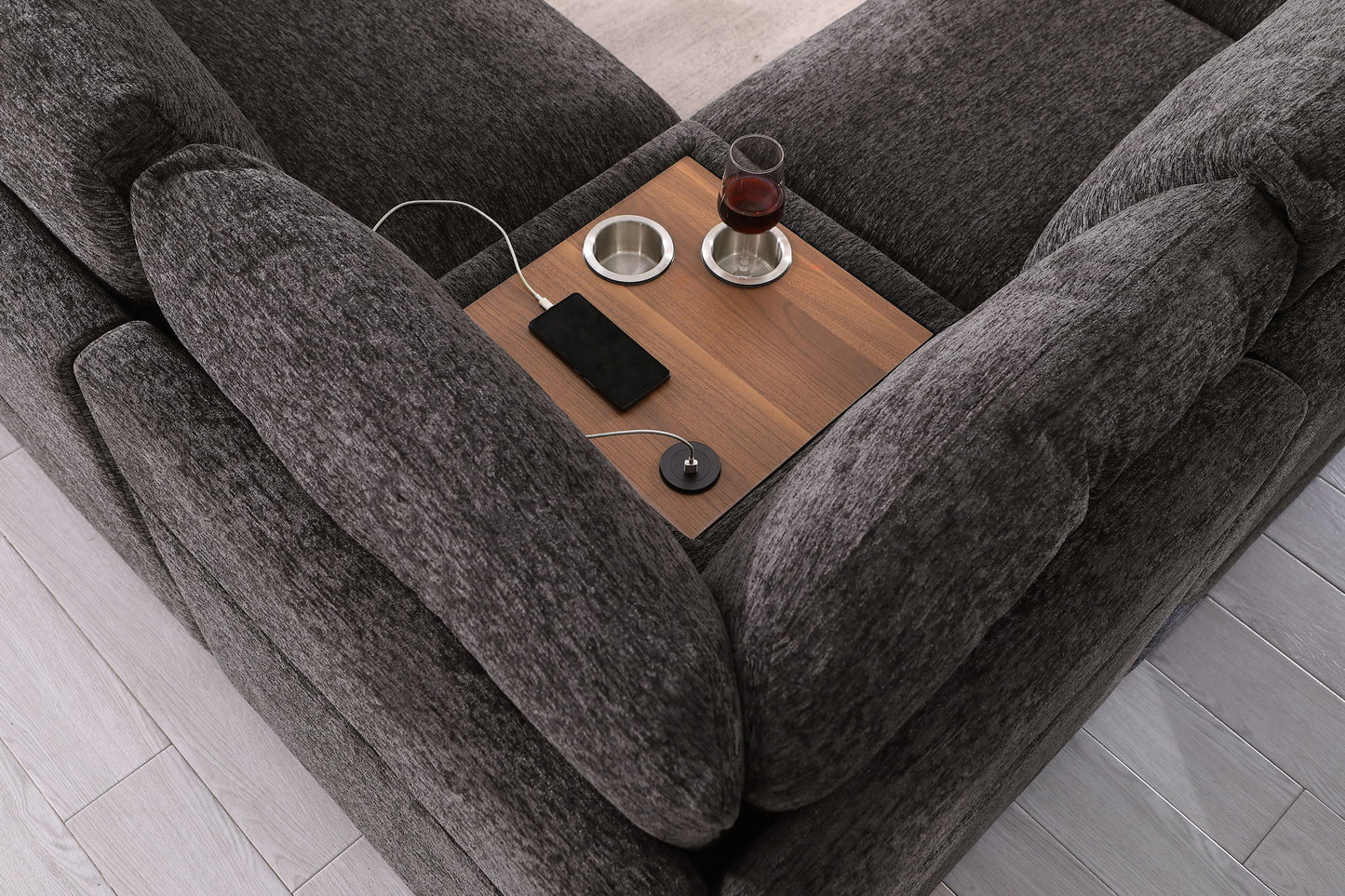 Celine - Corner Sectional Sofa With Right Facing Chaise, Cupholders, And Charging Ports - Gray