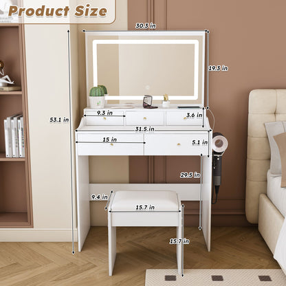 Modern Makeup Vanity Set With Power Outlet, Hair Dryer Holder, And Adjustable Lighting