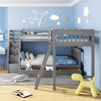 Solid L Shaped Bunk Bed With 3 Drawers, Ladder And Staircase
