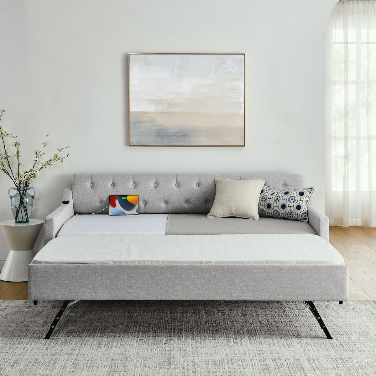 Size Upholstered Daybed With Trundle And USB Charging Armrest