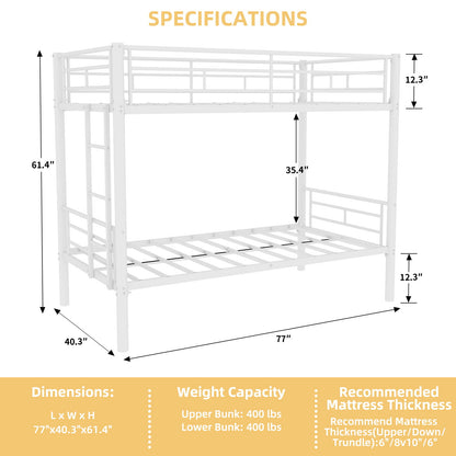 Metal Bunk Bed For Kids, Convertible Bedframe With Ladders & Guardrail