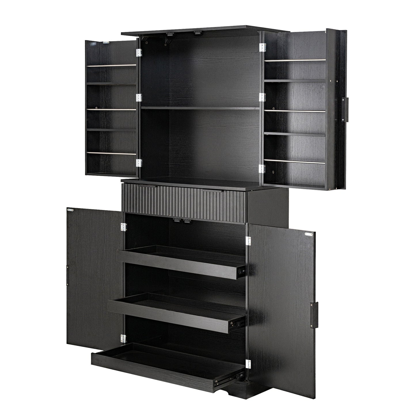 Fluted Kitchen Pantry Cabinet With 3 Keyboard Drawers & 6 Adjustable Door Shelves