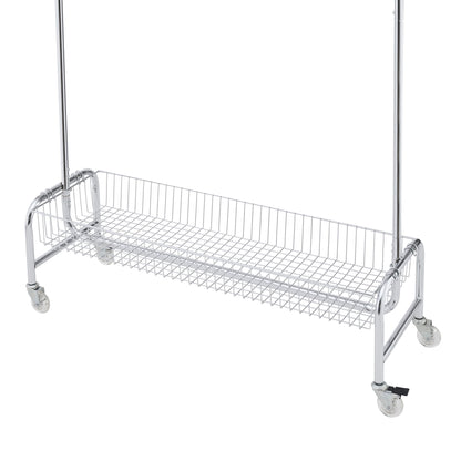 Heavy Duty Iron Garment Rack With Basket On Wheels - Silver