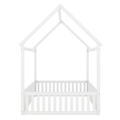 Wood House Bed With Fence And Door