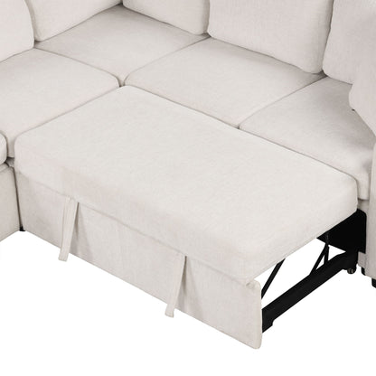 Modern U-Shaped Sectional Sofa Convertible Pull-Out Sofa Bed With USB Ports And Cup Holders