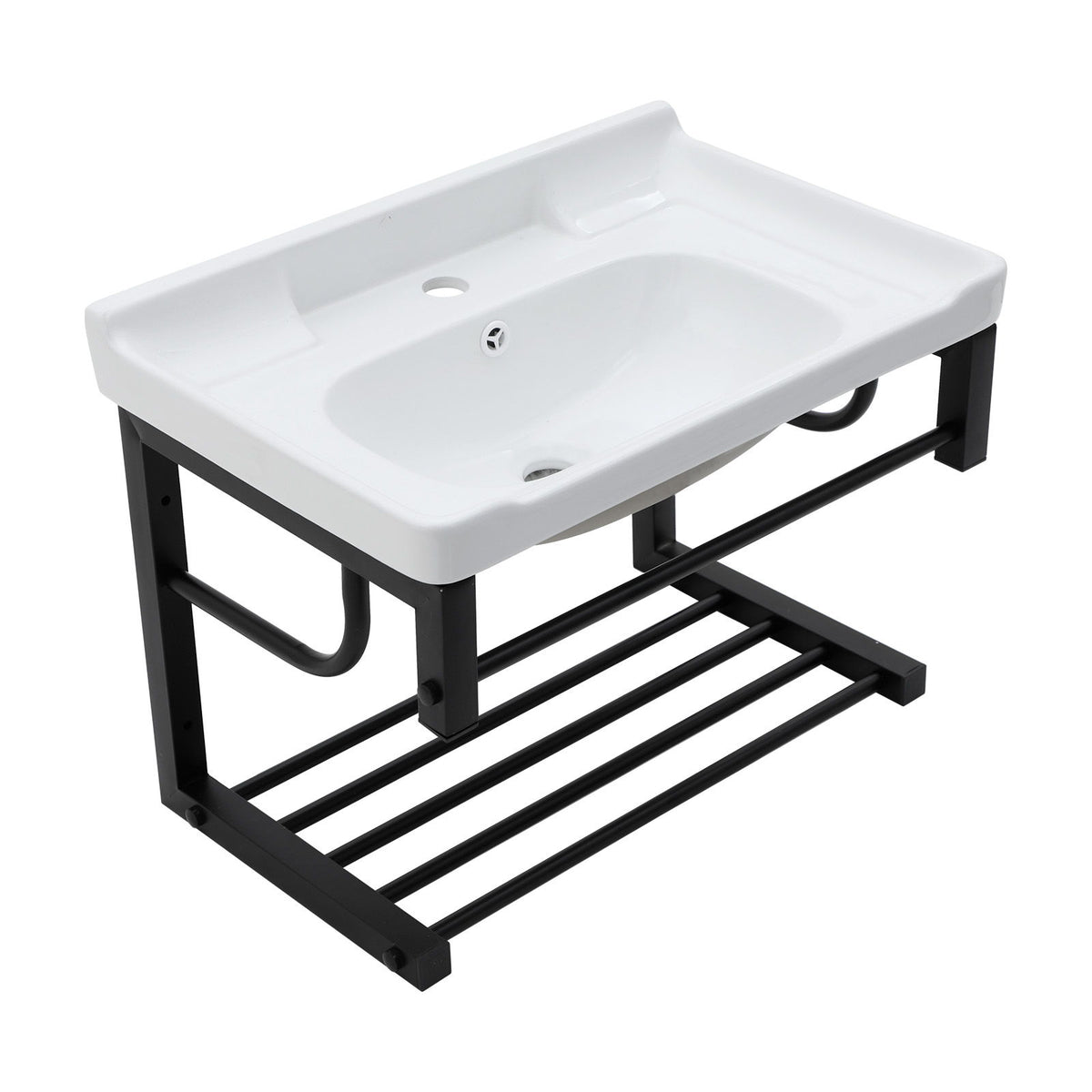 Wall Mounted Rectangular Bathroom Sink With Towel Bar & Overflow - White