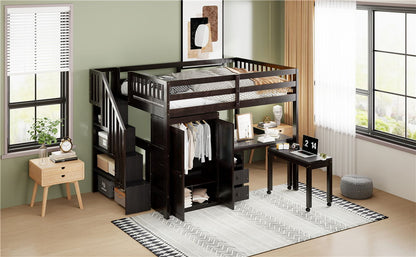 Loft Bed With Stairs, Bookshelf, Drawers, Desk & Wardrobe, Space Saving Multifunctional Furniture