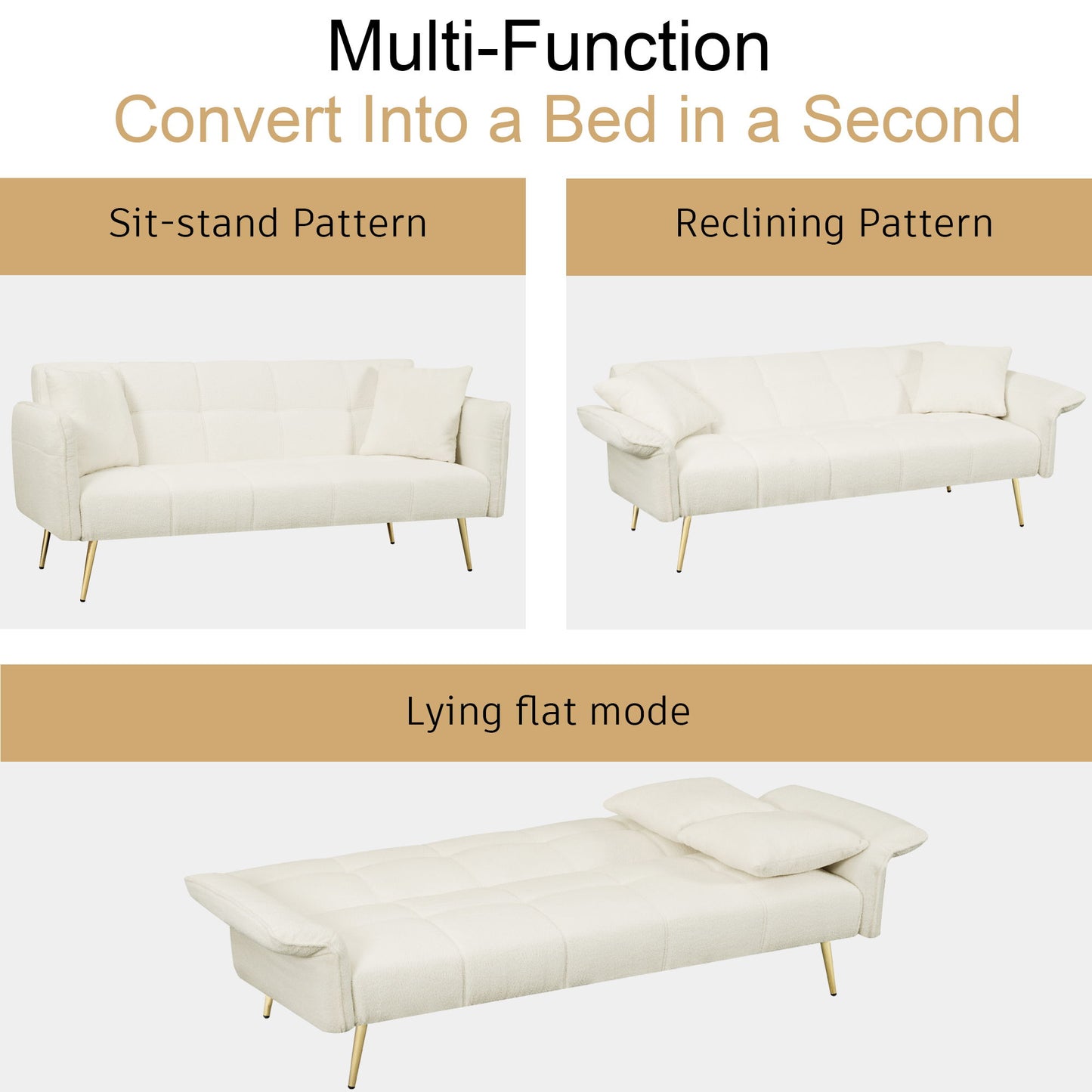 Convertible Double Futon Sofa Bed With Folding Armrests For Living Rooms