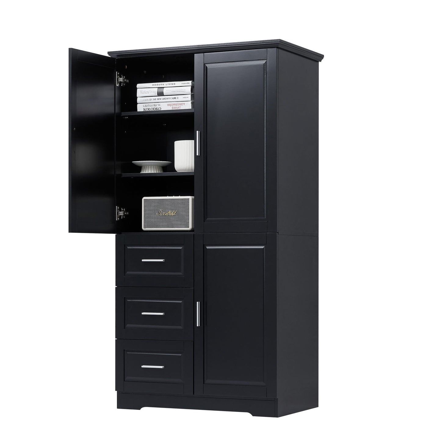 Tall And Wide Storage Cabinet With Doors, 3 Drawers