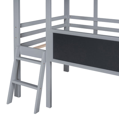 Loft House Bed With Ladder And Slide, With board And Light Strip On The Roof