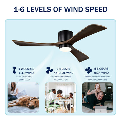 Flush Mount Blades Ceiling Fan With Lights Remote Control, Quiet DC Motor, 6 Speed, Reversible Ceiling Fan For Living Room - Matte Black