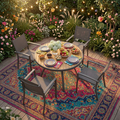Outdoor Round Patio Table With Slatted Top - Gray
