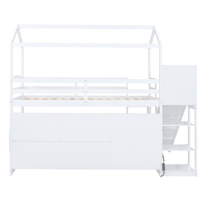 House Loft Bed With Slide, Storage Shelves And Light, Climbing Ramp
