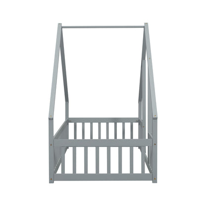 Wood House-Shaped Floor Bed With Fence, Guardrails