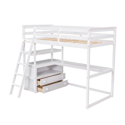 Modern Loft Bed With Built In Desk, Shelves, And 2 Drawers