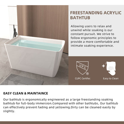 Freestanding Bathtub With Built In Seat, Rectangle Shape, Invisible Overflow & Pop Up Drain - Gloss White